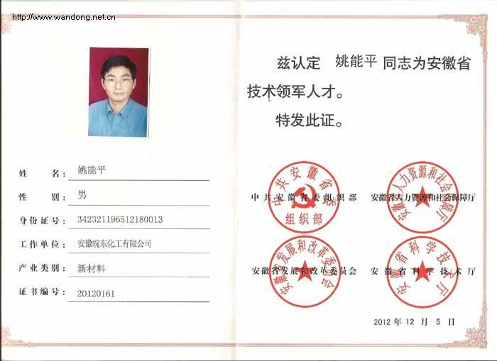 我公司姚能平同志荣获安徽省技术领军人才称号