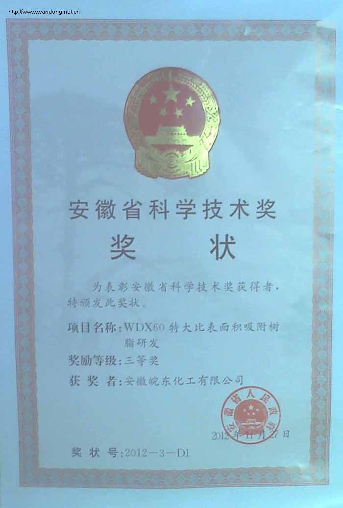 热烈祝贺我公司WDX60特大比表面积吸附树脂研发荣获安徽省科学技术三等奖